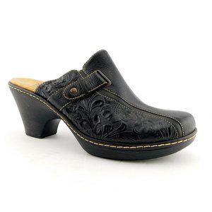 SOFFT Black Floral Tooled Leather Block Heel Mules 10